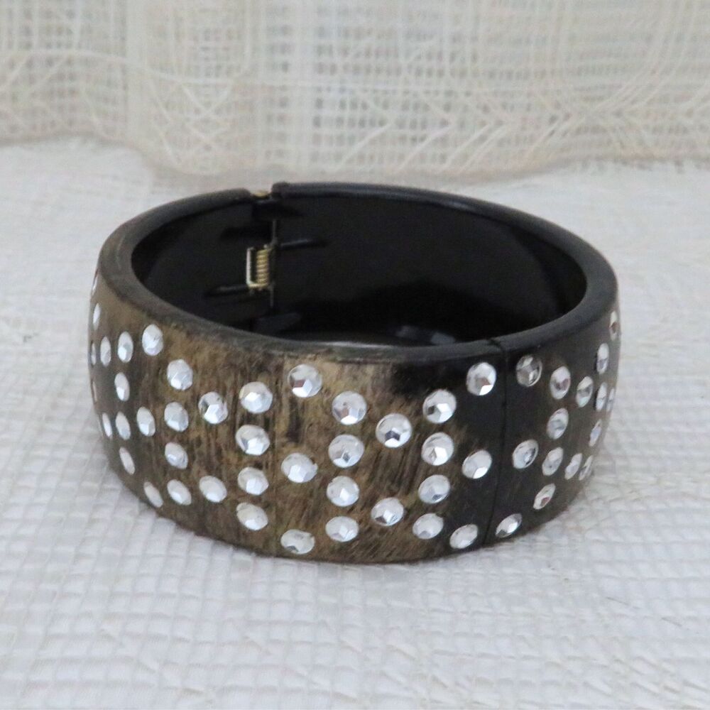 Bangle Bracelet Women Brown with Rhinestones Hinged Casual Wear or Business